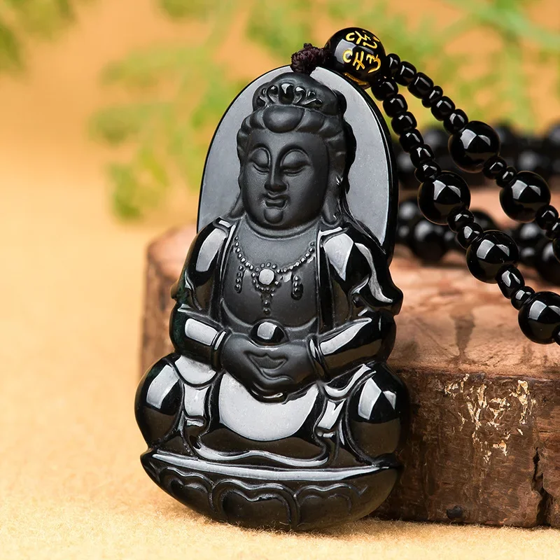 Natural Ink Jade A Goods Jade Pendant Avalokitesvara Bodhisattva Ice Seed Jade Necklace Buddha Statue Men Women's Jewelry GIft