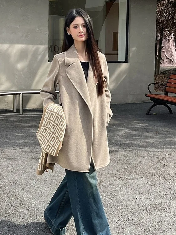

Korean Sle Double-Sided Woolen Coat Autumn Winter Faion Ele Simple Outerwear Fem Long Sve Mid-Length Coat