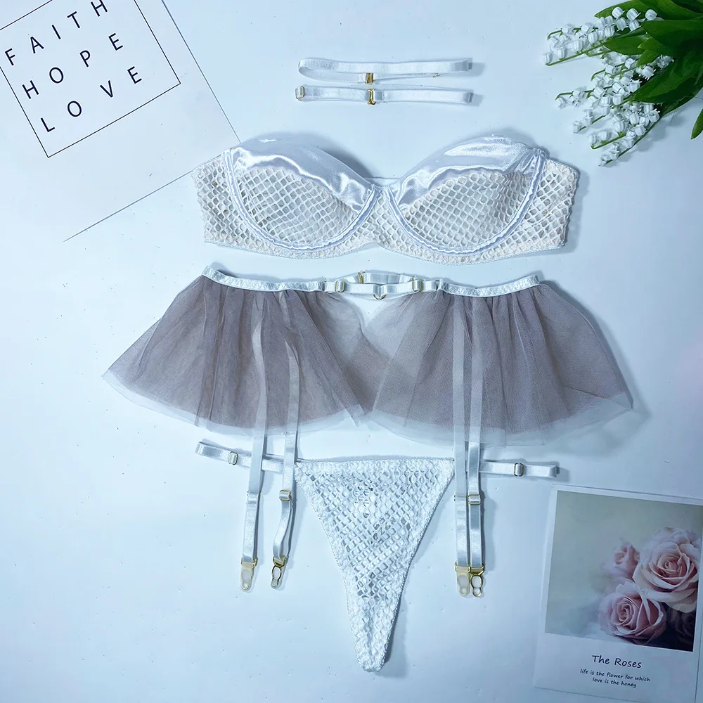 Miflame-Underwear mesh underwear, underwire cotton cup bra, lace garter belt, Thong, three piece sex suit