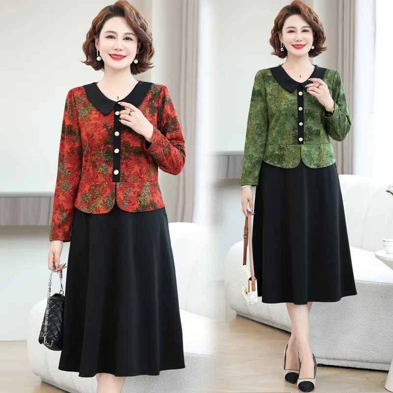 

2024 Autumn Mother Dress Female Middle Elderly Women Long Sleeve A-Line Printed Dresses Vestitos Mom Elegant Dresses