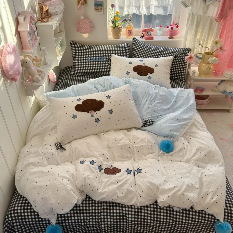 

3/4Pcs Bedding Set Polka Dot Cartoon Puppy Checkered Sheet Boiled Cotton Bed Linen Kawaii Cotton Duvet Cover Set Full Size