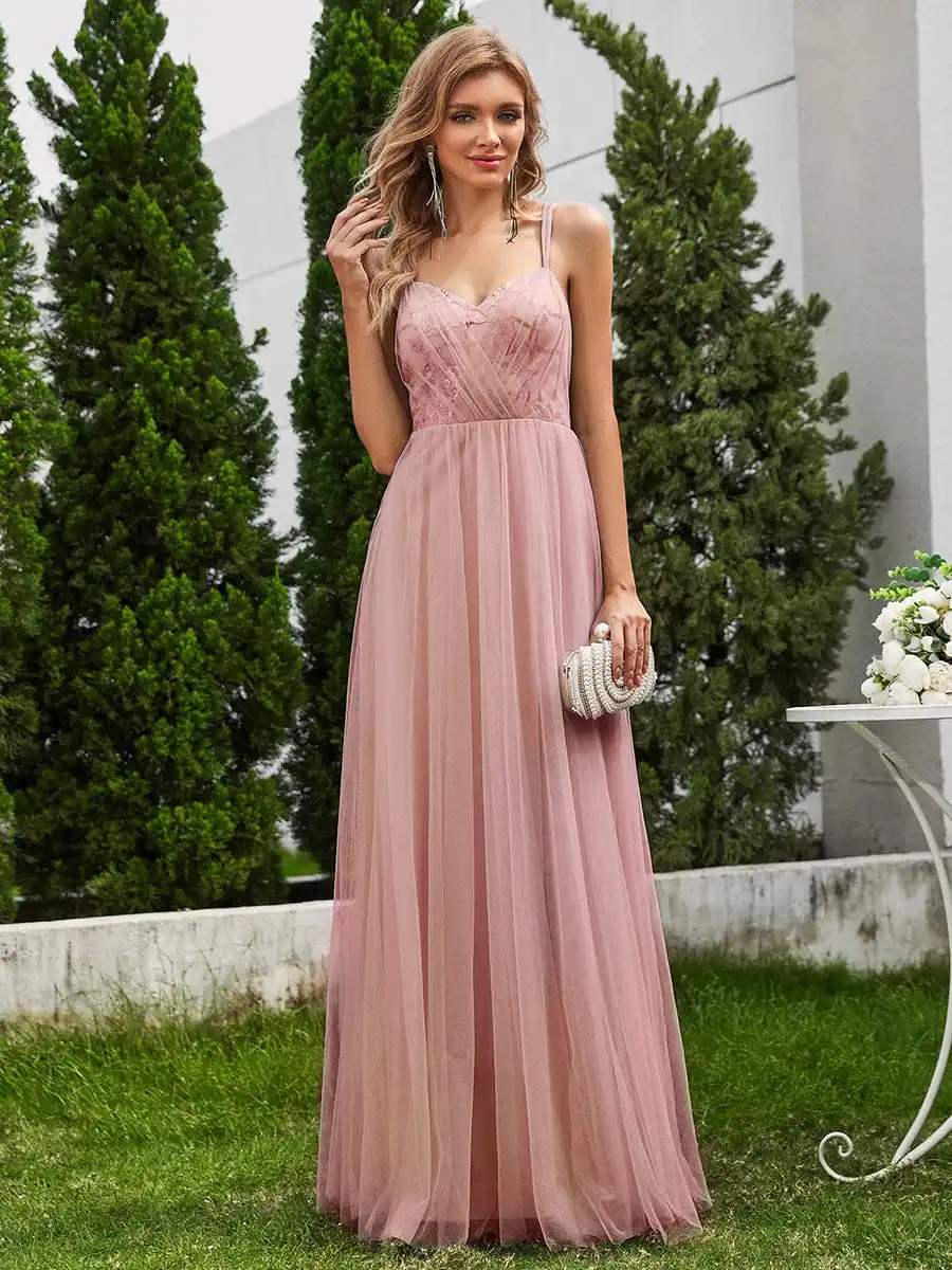 

Elegant Evening Dresses Shimmer Cross-Back Straps Sleeveless Floor length 2024 BAZIIINGAAA of Tulle Pink Bridesmaid dress