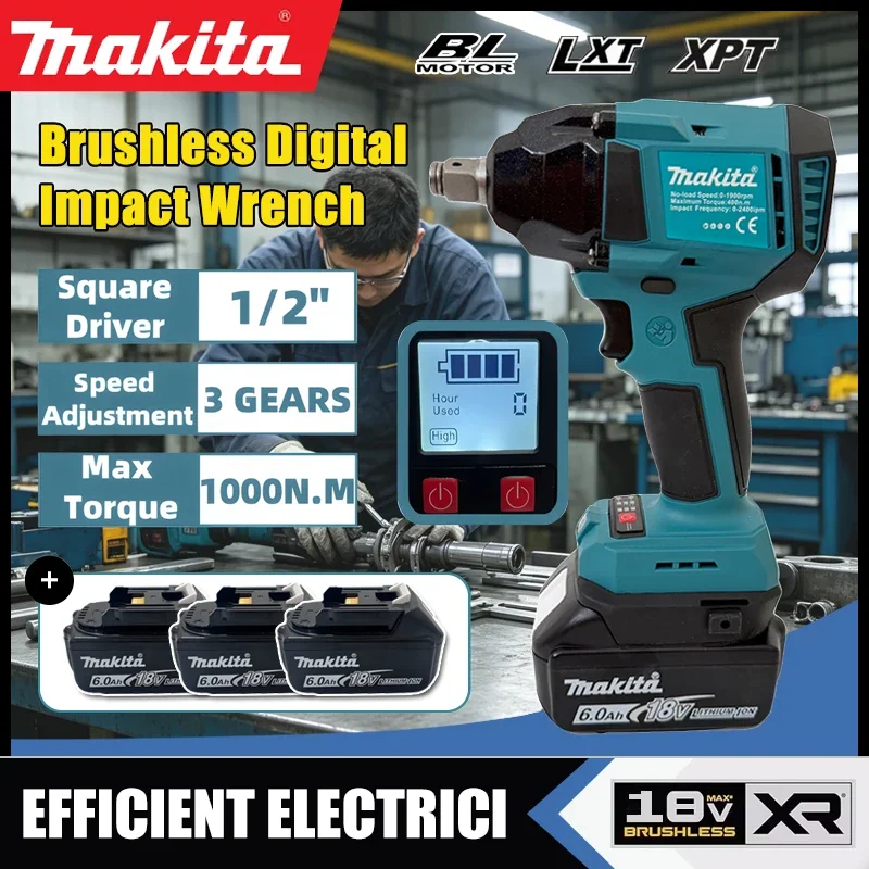 Makita Brushless Digital Display Electric Impact Wrench Cordless Electric Torque Wrench 1/2 Inch Screwdriver Power Tool for 18V
