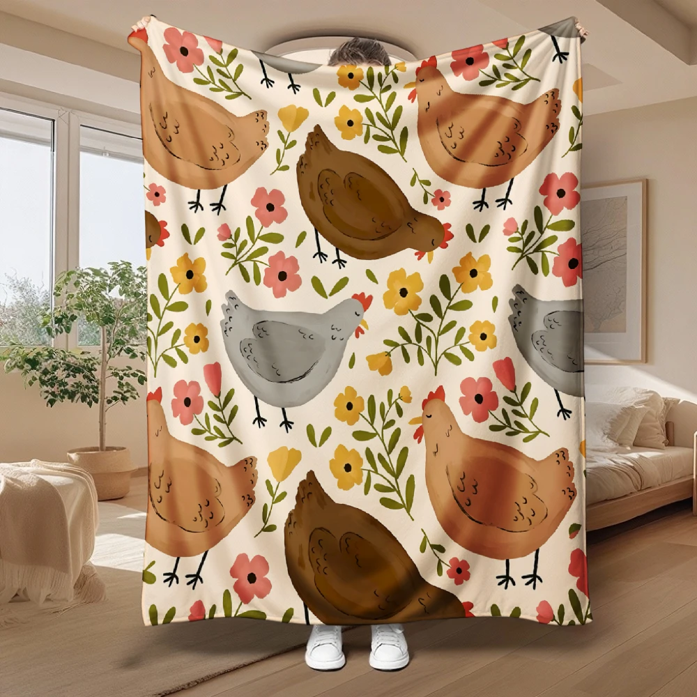 Cute Chicken Floral Pattern Throw Blanket for Sofa Bedroom Boho Farmhouse Decor Gift for Couch Cozy Seating Area Decoration