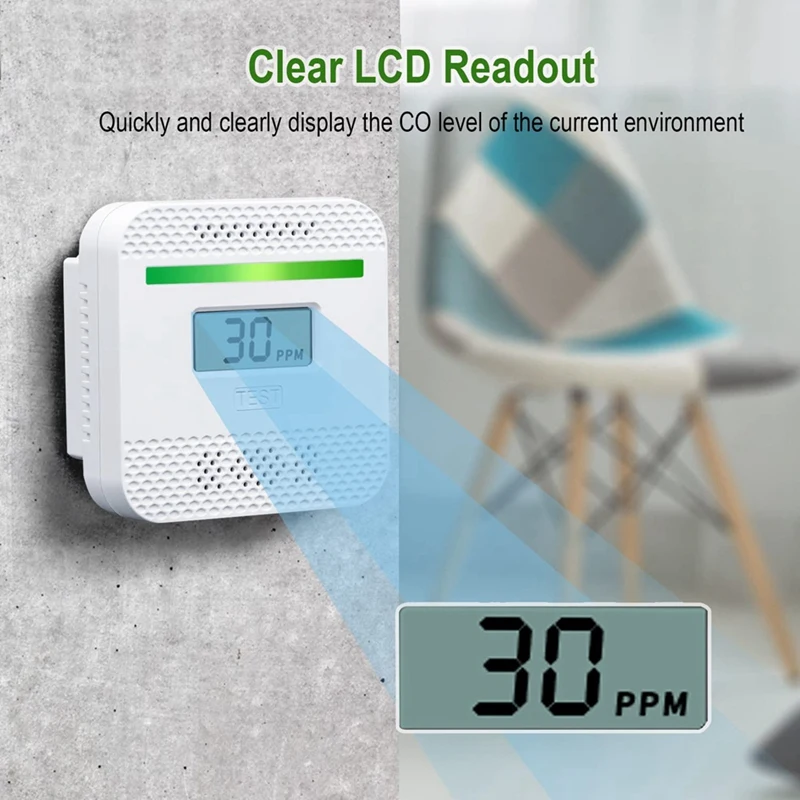 Alarma piezas de monóxido de carbono, dispositivo Detector de CO con pantalla Digital LCD, blanco, portátil, para viaje y hogar, funciona con batería, 1 unidad