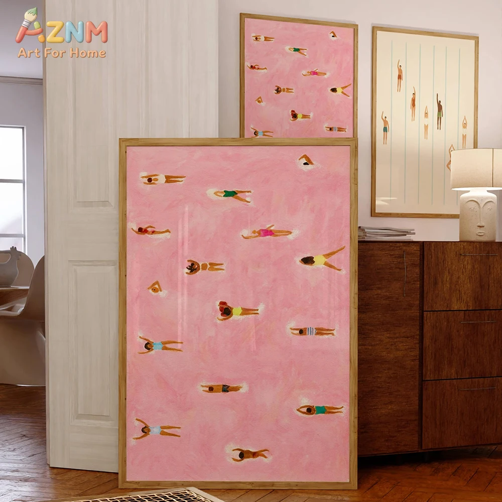 AZNM Ungerahmtes abstraktes rosafarbenes Leinwand-Wandbild mit Schwimmbad-Motiv, moderner minimalistischer Ölgemälde-Druck mit Schwimmerfigur, Boho-Sommer-Beach-Kunst