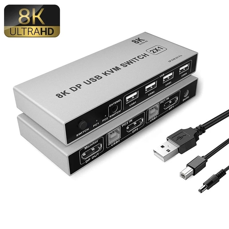 8K Displayport przełącznik KVM 2x1 8K 60Hz DP przełącznik KVM USB przełącznik KVM 2 w 1 wyjście Displayport 1.4 przełącznik KVM DP przełącznik USB