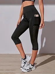 Pantaloni da Yoga a vita alta in rete Leggings Capri con tasche per le donne Leggings Capri da allenamento per il controllo della pancia per le donne