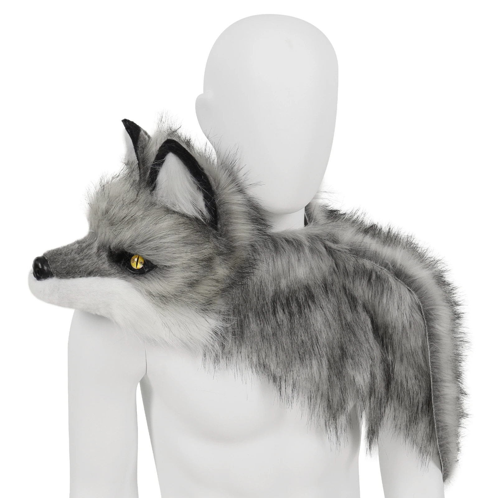 Faux Fur Wolf Head Shawl Medieval Viking Shoulder Wrap for Armor Halloween Cosplay Costume Accessories