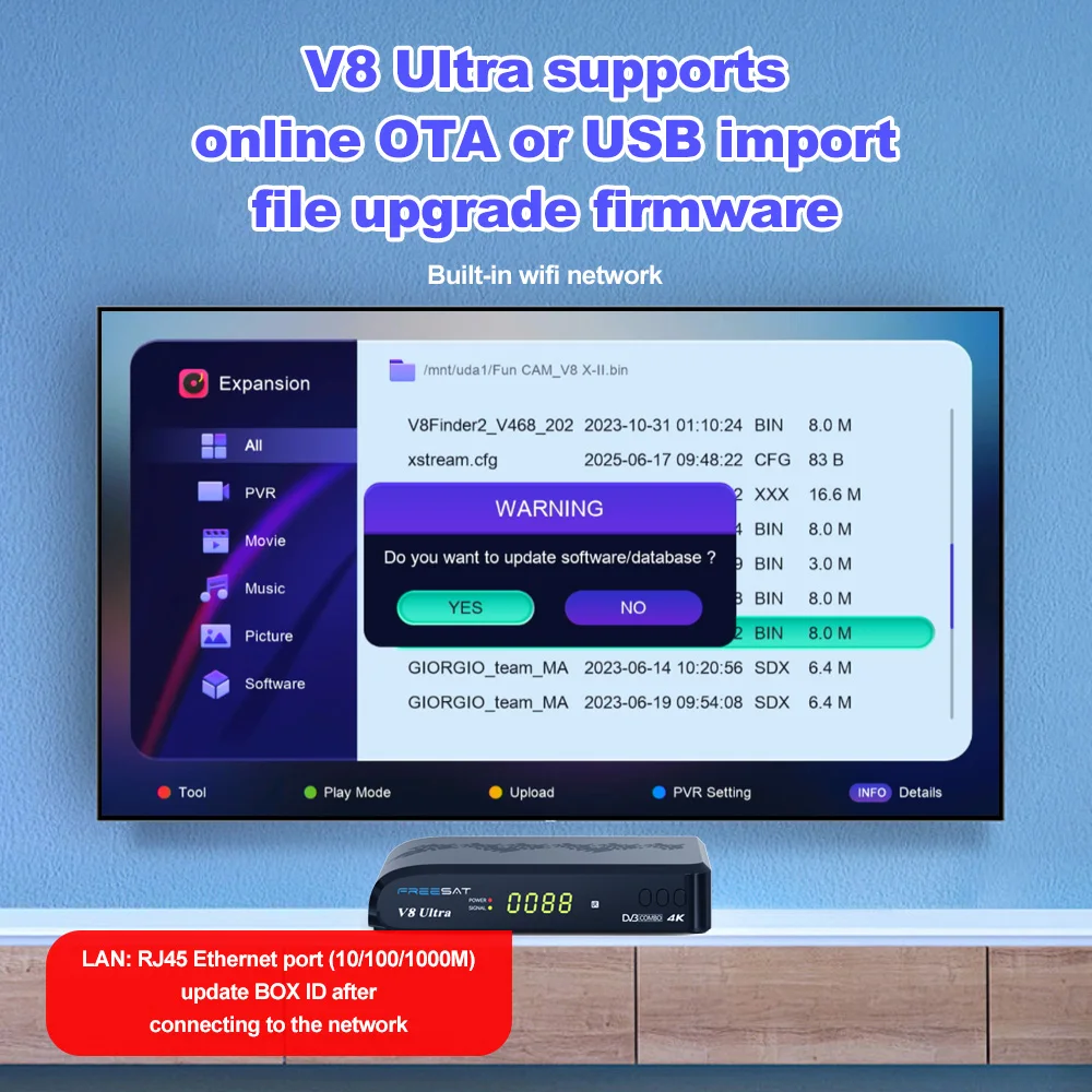 جهاز استقبال قمر صناعي FREESAT V8 Ultra DVB-S/S2/S2X,DVB+T/T2/ISDB-T/C 4K HD H.265 مدمج WIFI BISS Autoroll يدعم Funcam Mars
