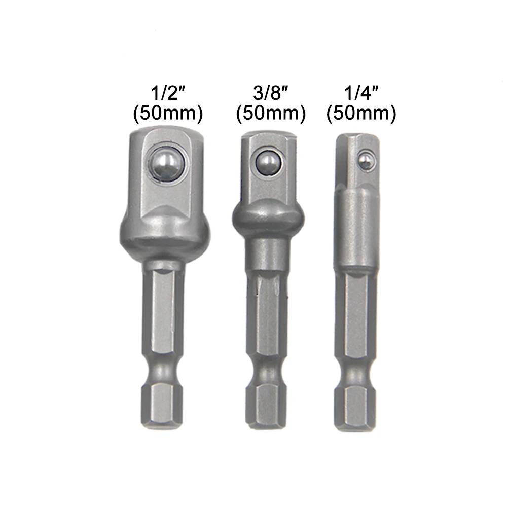 3PCS Socket Adapter 1/4 3/8 1/2 Drive Hex Shank Extension Bar 50mm Ratchet Wrench Screwdriver Power Tool Accessories Set