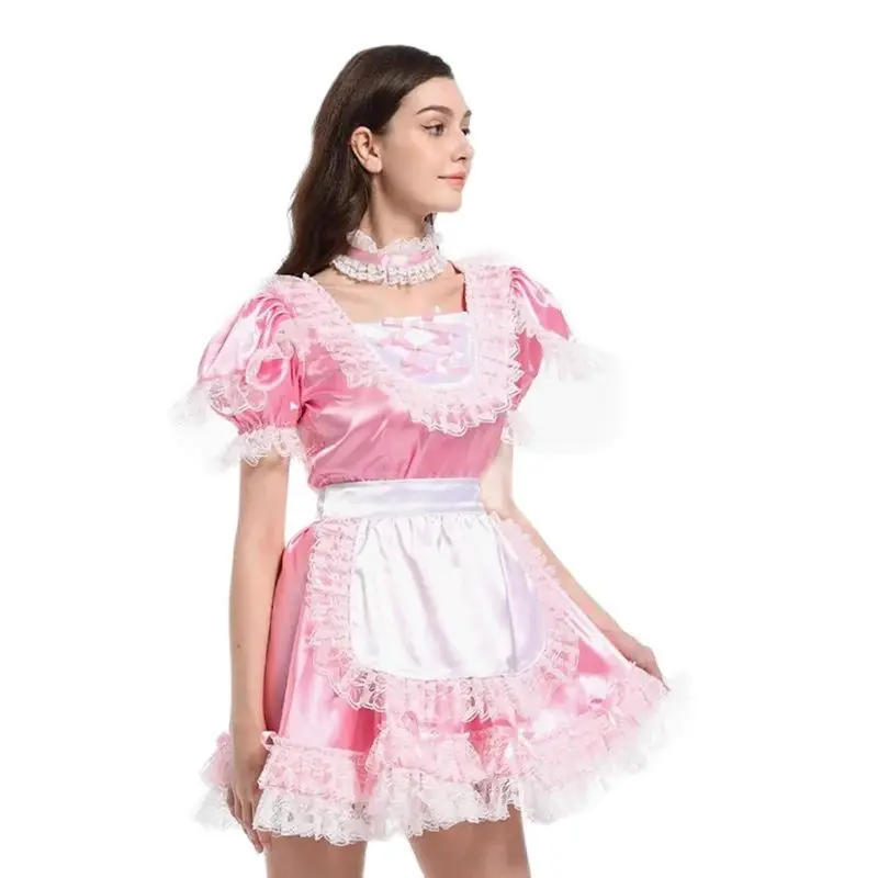 

Pink Satin with Neck Loop Circular Low Neckline Double Layered Elastic Tightening Cuffs Independent Apron , Patchwork Lace In