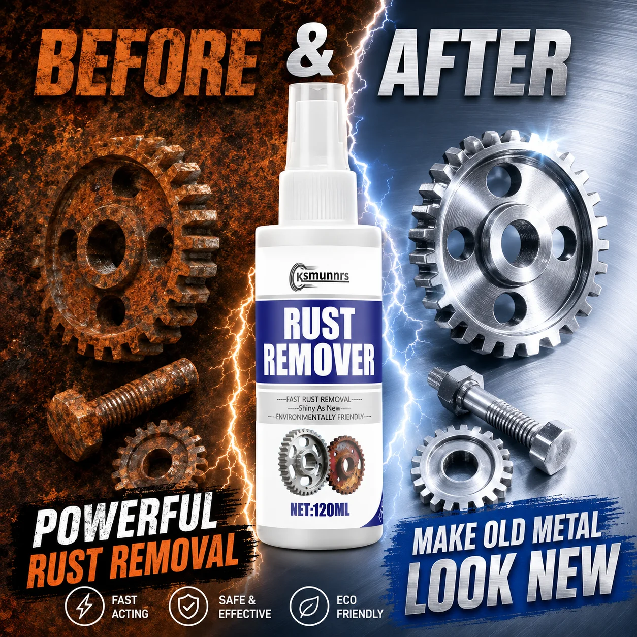120ml Rust Remover Spray, Fast Rust Removal, Restore Metal Shine, Eco-friendly Safe Formula for Auto & Gear Parts