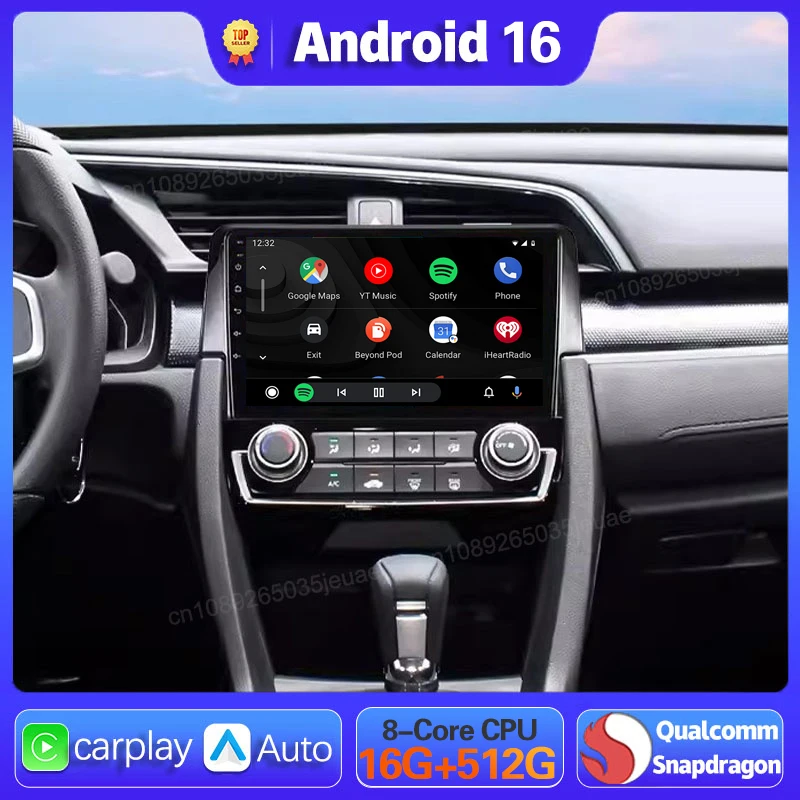 Android 16 Carplay Auto For Honda Civic 2016 2017 2018 - 2021 Car Radio GPS Multimedia WIFI+4G Head Unit BT Player Stereo Video