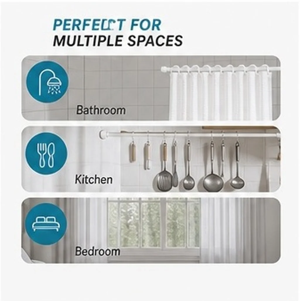 1Set Extendable Adjustable Tension Shower Curtain Rod Telescoping Non Slip No Drill Heavy Duty for Bathroom Windows