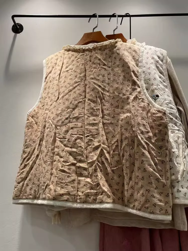 Mori kei roupas estilo japonês colete acolchoado de algodão doce para mulheres outono inverno renda remendo casaco sem mangas