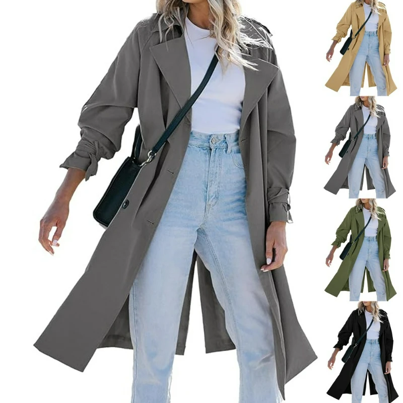 Women Trench Coat Double Breasted Turn Down Collar Midi Jacket Solid Full Sleeve Pocket Jackets Casual Streetwear Autumn 2026