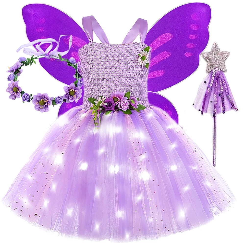 Led Lights Purple Flowers Fairy Costumes for Girls Sparkly Jungle Elf Princess Ballet Tutus Dresses Outfit with Wings Magic Wand