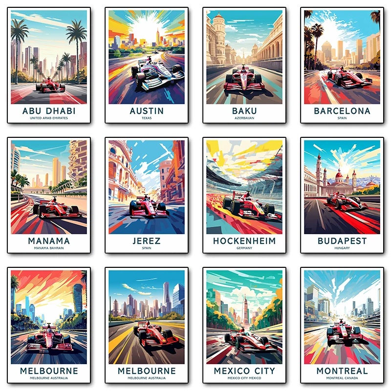 Motorsport Travel Posters Spain Mexico Barcelona Race Car Canvas Printing Wall Art Picture for Living Room Home Decor Gifts