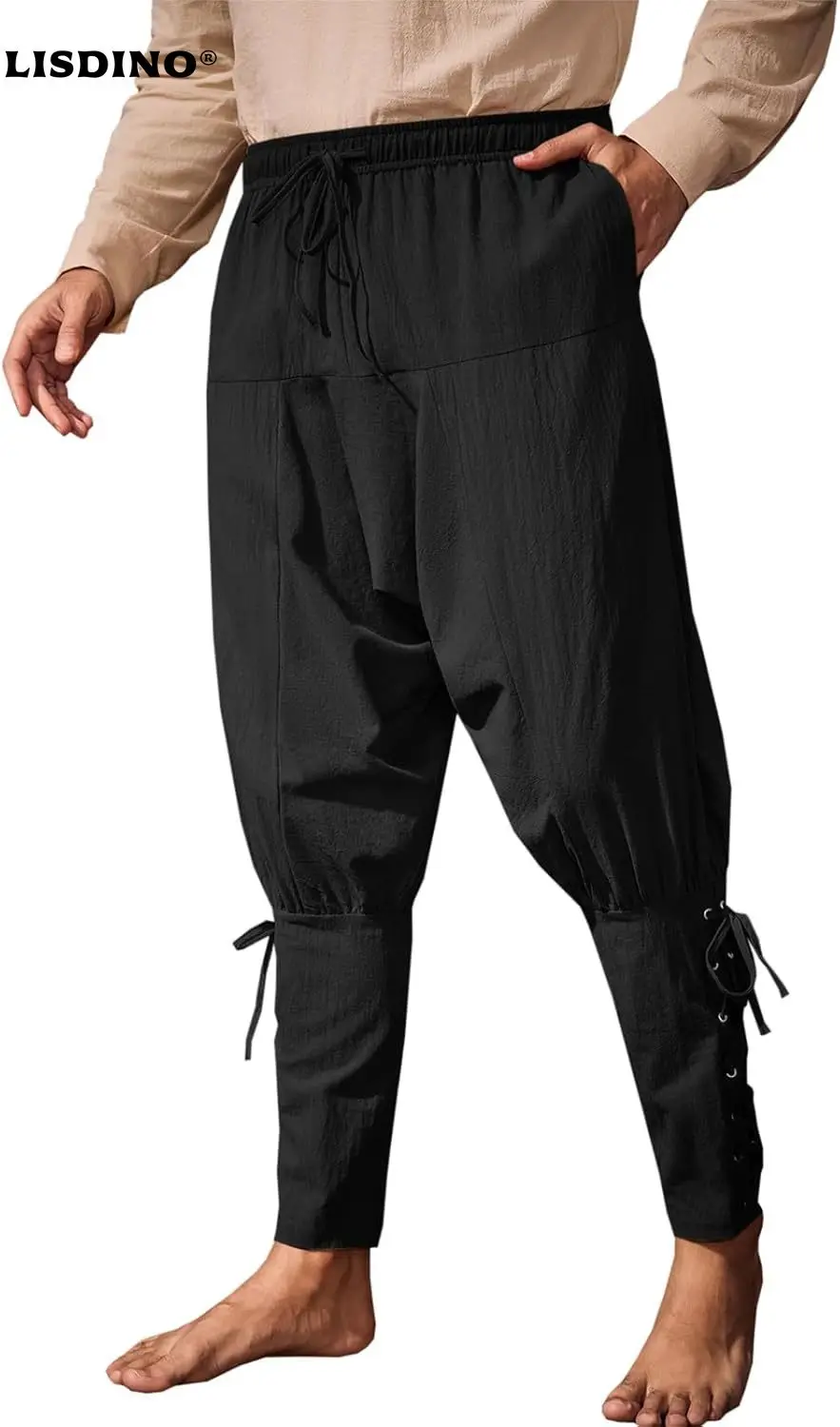 

LisdinoMens Medieval Ankle Banded Pants Renaissance Viking Pirate Navigator Pants Lace Up Cotton Halloween Trousers