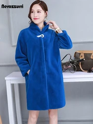 Nerazzurri Winter Fluffy Faux Fur Coat Women Colored Blue Black Gray Warm Furry Fake Rex Rabbit Jacket Cocoon Korean Fashion