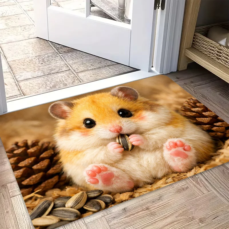 1pc, 2D Flat Hamster Eating Sunflower Seeds Pinecones Realistic Flannel Door Mat Non Slip Cute Animal Rug For Entryway Bedroom