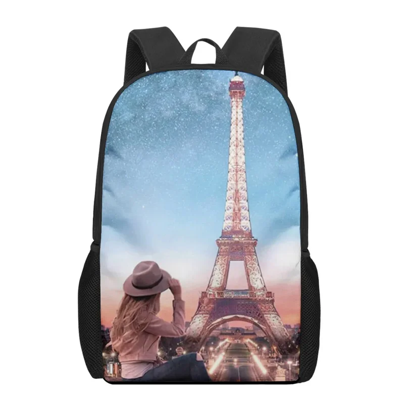 Torre eiffel paisagem impressão sacos de livro para meninos meninas crianças saco escolar casual mochila ombro elegante adolescente armazenamento