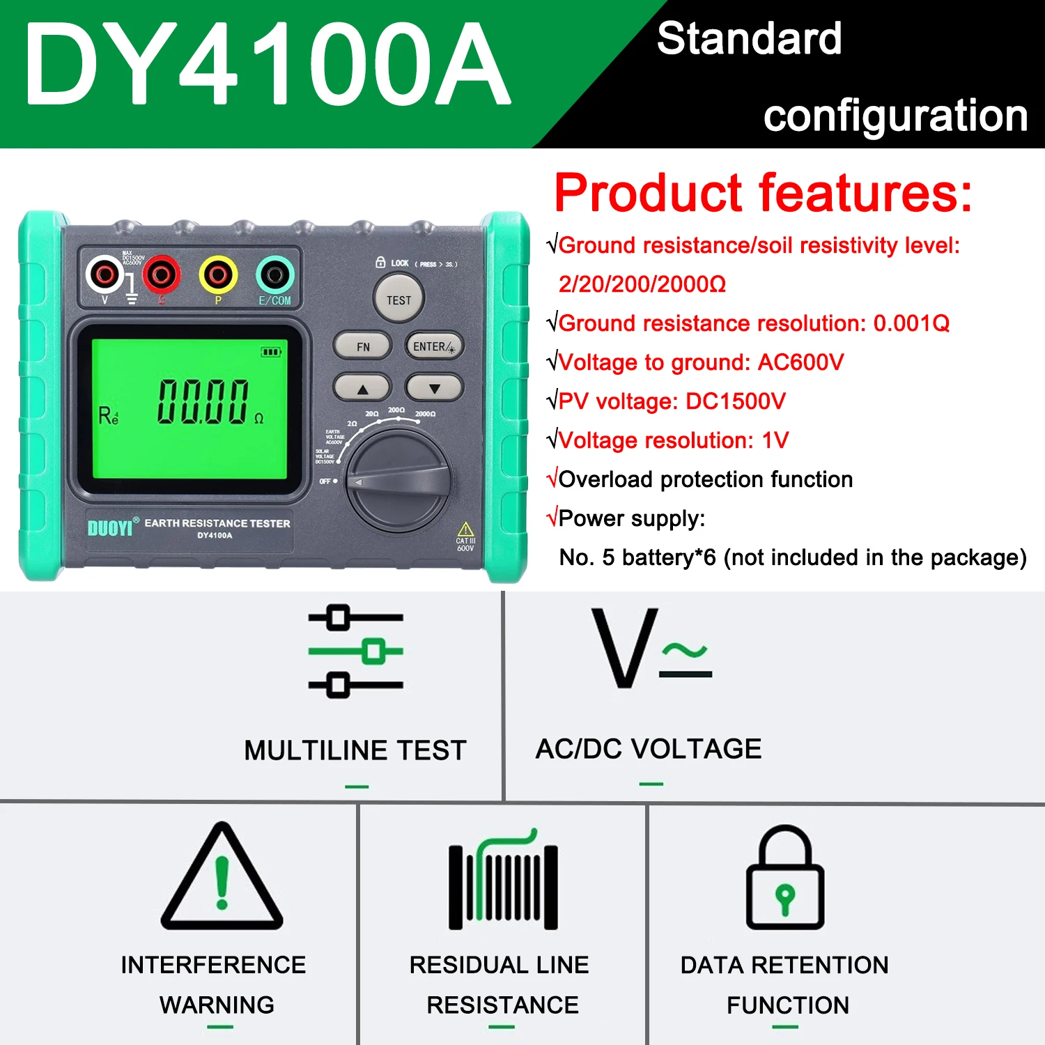 DY4100A / DY4100B Digital Earth Ground Resistance Meg-ohmmeter 0-2000 Ohm Instruments Inspection Electrician Resistance Tester