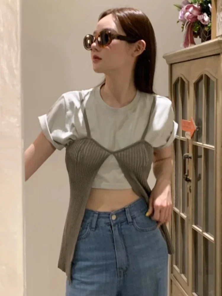 

Summer Elegant Chic Two Pieces Set Fashion Korean Solid Y2k Grunge Crop Top+Japanese Vintage Knitted Split Women Sweater Tanks