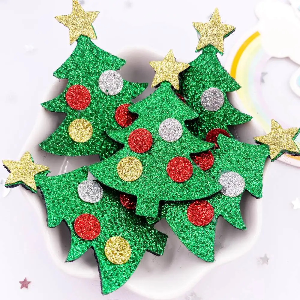 10 pçs feltro tecido colorido glitter bepowder estrela dos desenhos animados árvore de natal remendo apliques costura diy arco de cabelo ofício supplie xe812