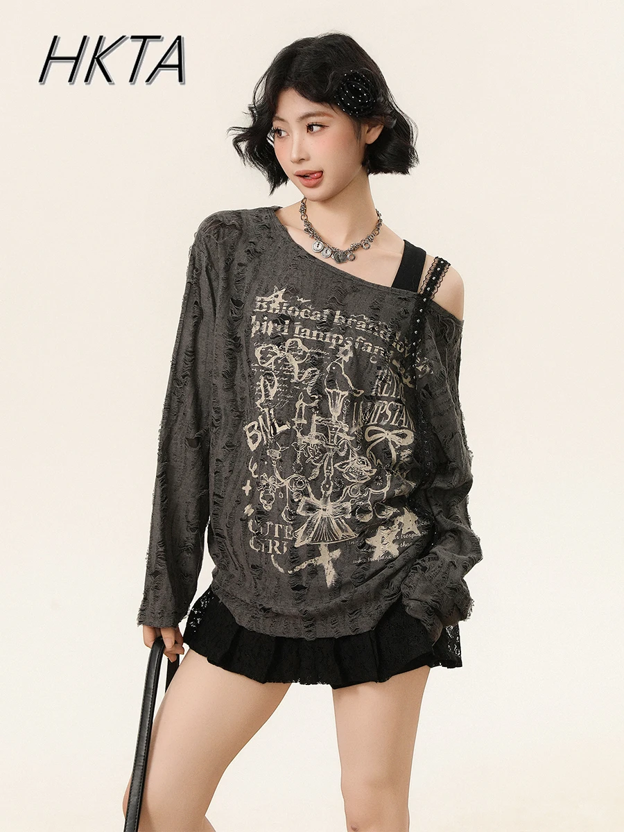 

Лолита Sweet Cute Off The Shoulder с длинными рукавами вязаная футболка женская весна лето новый свободный полый принт буквы горячий топ для девочек