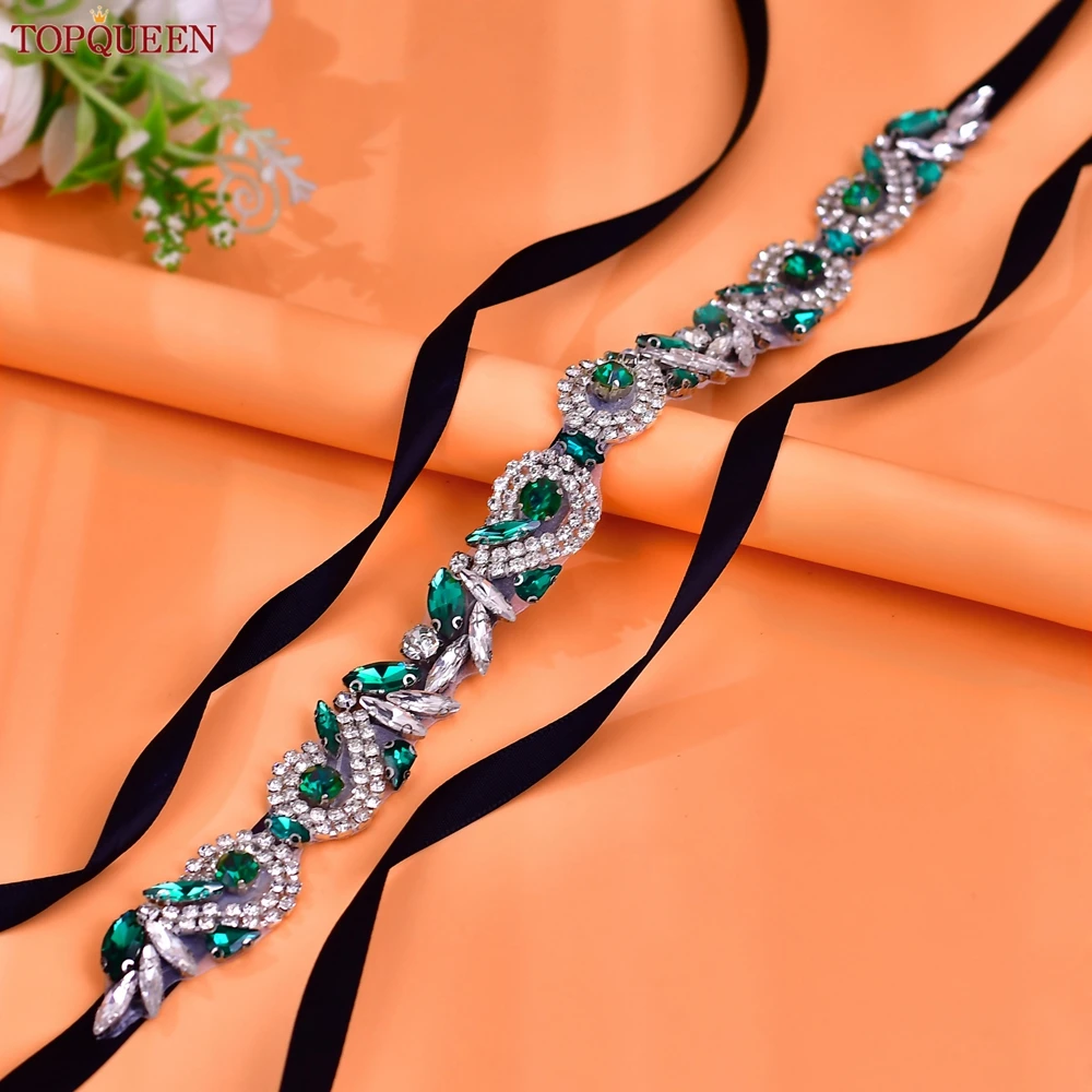 

TOPQUEEN Hand Sewn Green Rhinestone Belt Modeling Design Bridal Sash Birthday Party Evening Gown Decoration Wedding Belt S158