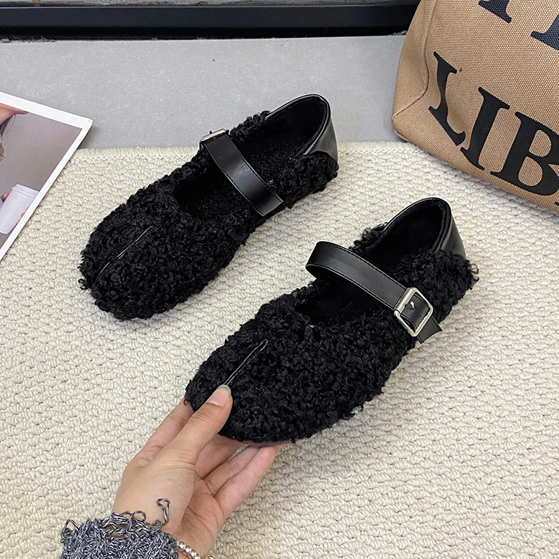 Shoes Woman Flats Loafers Fur Round Toe Autumn Casual  Dress Moccasin Fall Winter Leisure Buckle  Flock Rubb