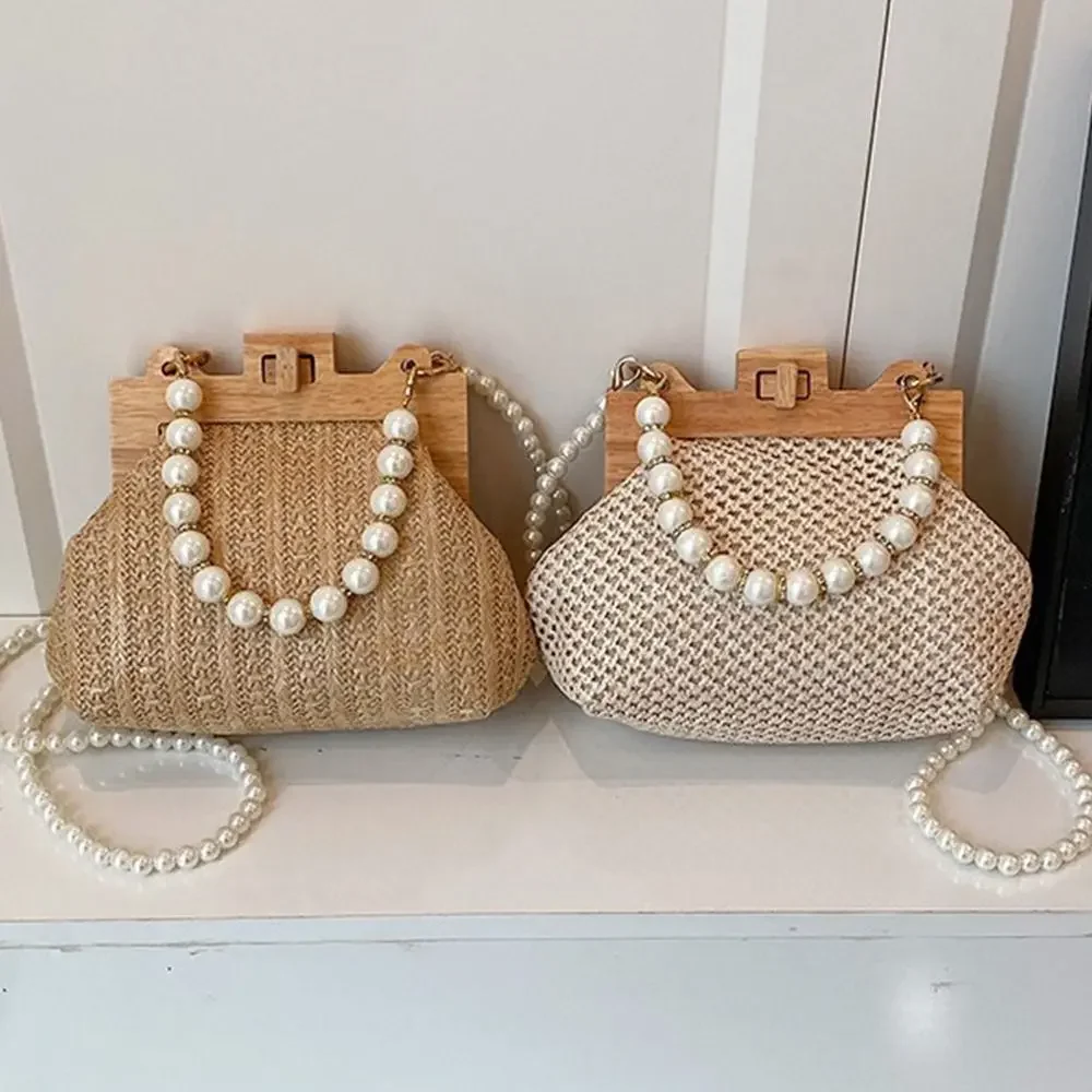

High Quality Weave Straw Shoulder Bag Wooden Top Clip Pearl Chain Handle Women Handbags Female Handbag Summer