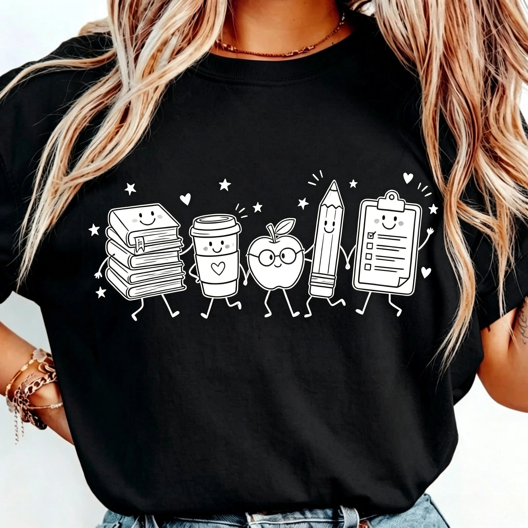 Womens Graphic Tshirt School Supplies Doodle Design Creative Learning Theme Casual Streetwear Top Cute Daily Fashion Style