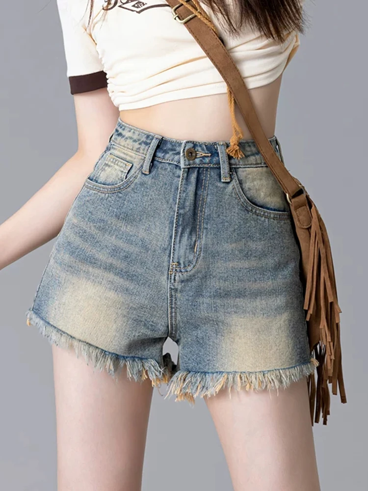 Retro Streetwear Tassel Denim Shorts Women Slim Sexy Mini Y2K Shorts American Casual Harajuku Female High Waist Jeans Shorts New