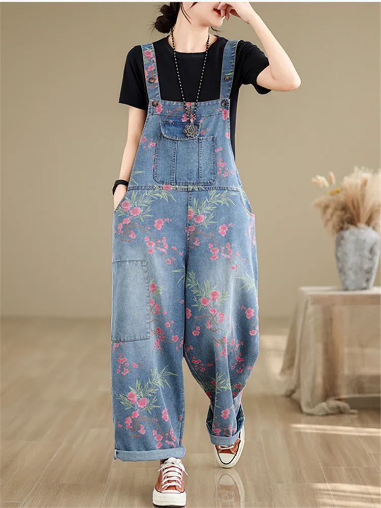 Oversized Flower Print Jeans Overalls Spring Pant Women Wide Leg Loose Pleated Modis Ladies Trousers Casual Woman Jumpsuits 2024