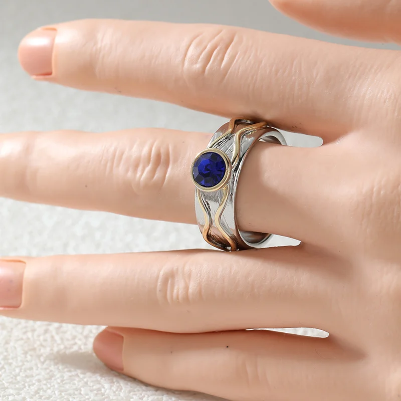 Simple Fashion Dual Tone Wave Texture Ring Inlay Blue Synthetic Zircon For Daily Commuting Parties Ring Trend Jewelry Accessory