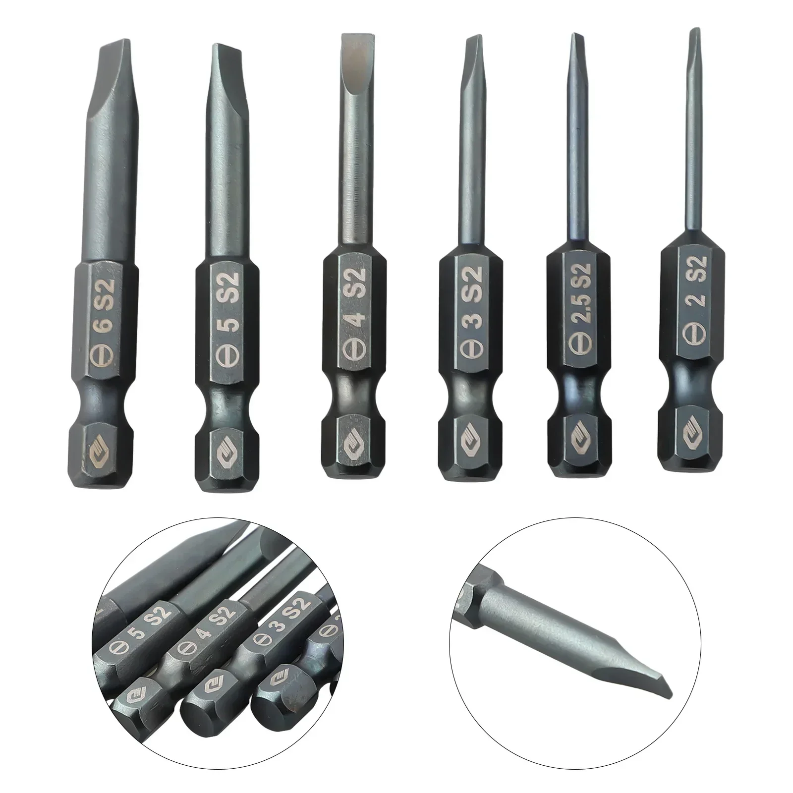 6pcs 50mm Screwdriver Bit Set Flat Head Slotted Tip Magnetic Screwdrivers Bits SL2.0-SL6.0 Alloy Steel Screw Driver Bits Tools