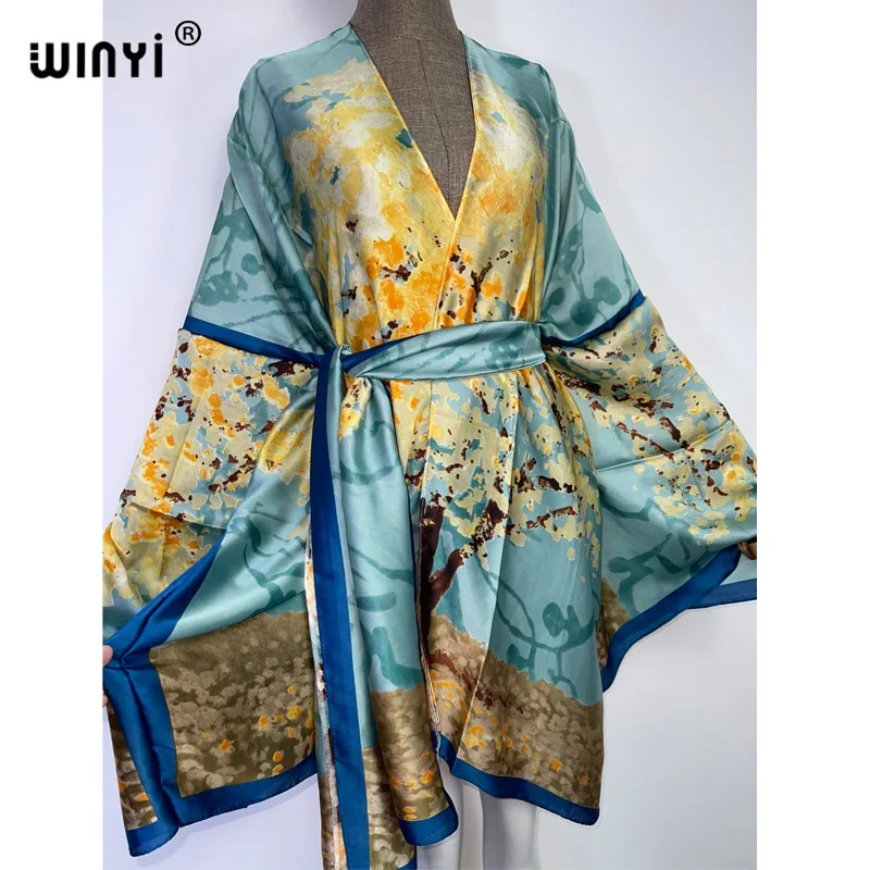 WINYI-Kimono à manches longues pour femme, cardigan auto-ceinturé, sexy, doux, bohème, point, sortie à la plage, vacances, été, nouveau, 2022