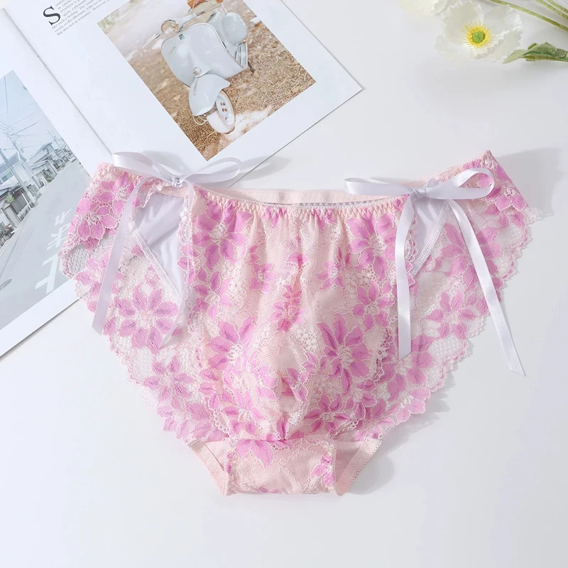 Floral Embroidered Lace Lingerie Set Sissy Ruffle Bow Bra and Panties Men's Convex Pouch Briefs Gay Underwear