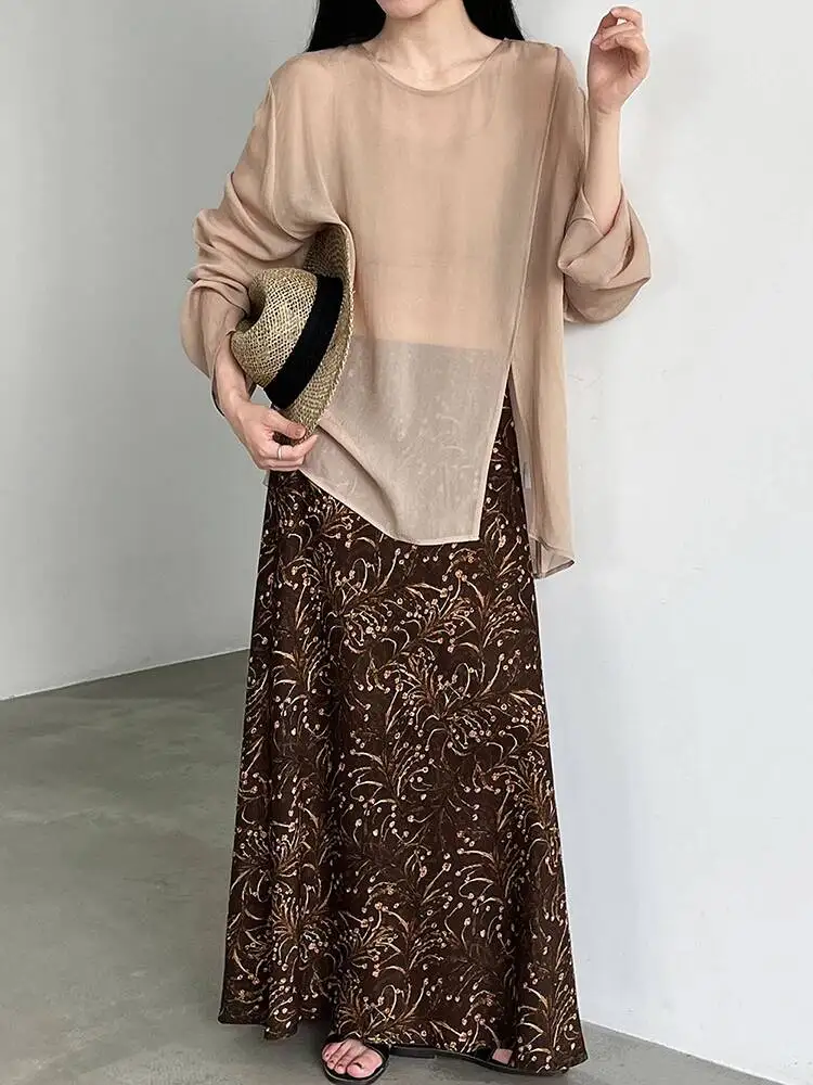 Big Size Shirt Printed Skirt Two Pieces Suit New Round Neck Long Sleeve Women Fashion Tide Spring Summer