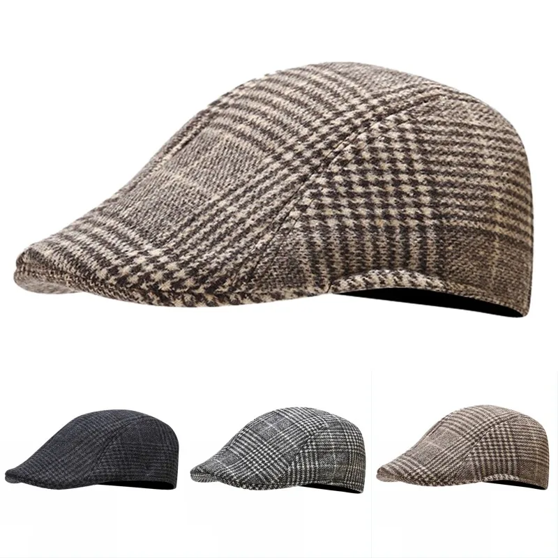 Vintage Unisex British Style Plaid Berets Hat Newsboy Gentleman Hats Driving Cabbie Autumn Winter Warm Wool Cap Men Women