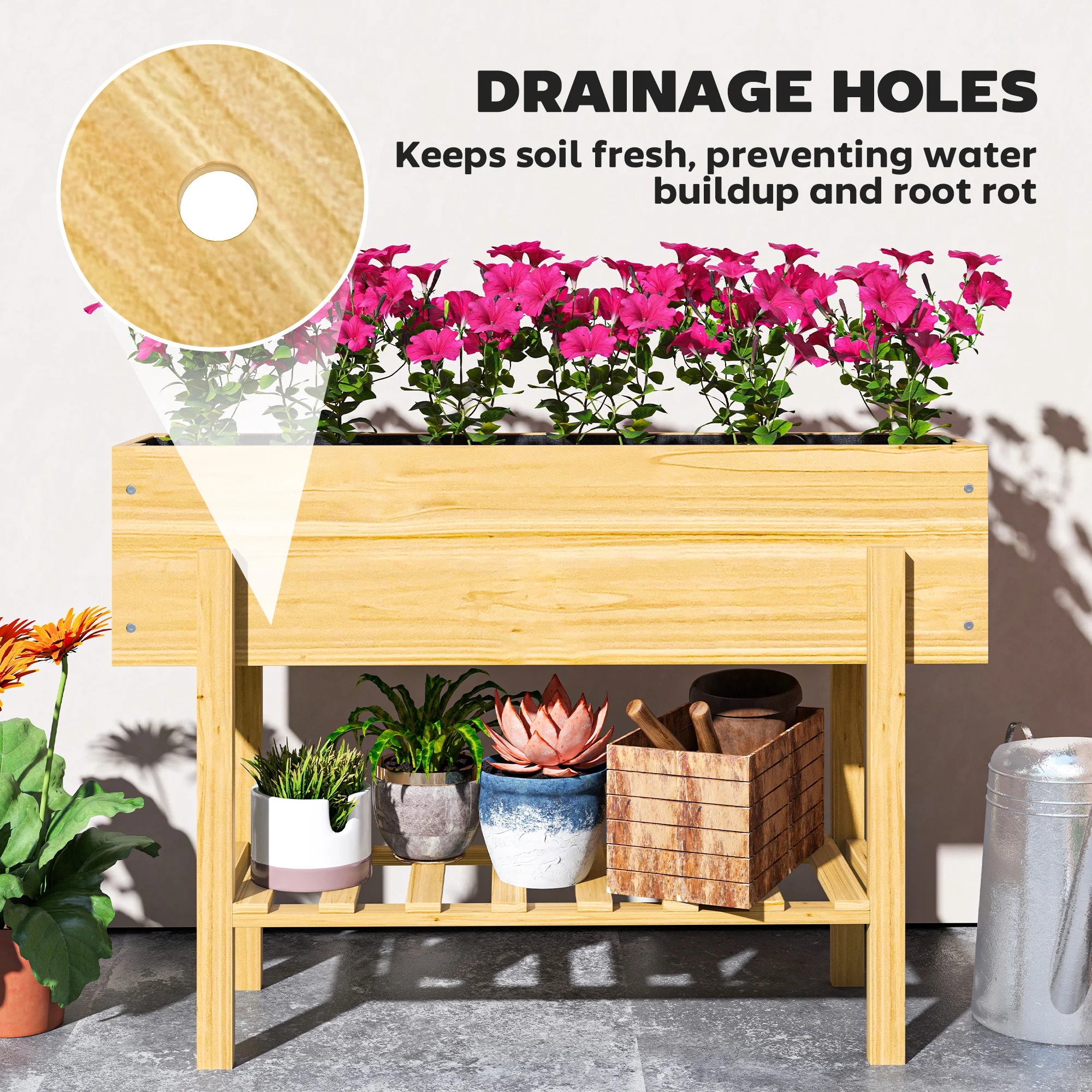 Wooden Raised Garden Bed with Bed Liner, Storage Shelf, Natural Wood Finish