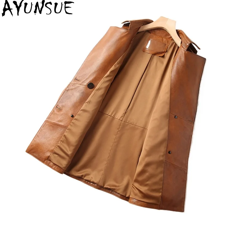 AYUNSUE-Veste en cuir de mouton véritable pour femme, manteau long combiné, ajout de coton, coupe couvertes, décontracté, automne, 2024