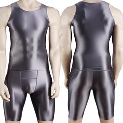 Chándales de entrenamiento de peso para hombre, chaleco elástico, camisetas sin mangas, conjuntos deportivos brillantes para correr, Tops, pantalones cortos, trajes de baño, sexy, brillante