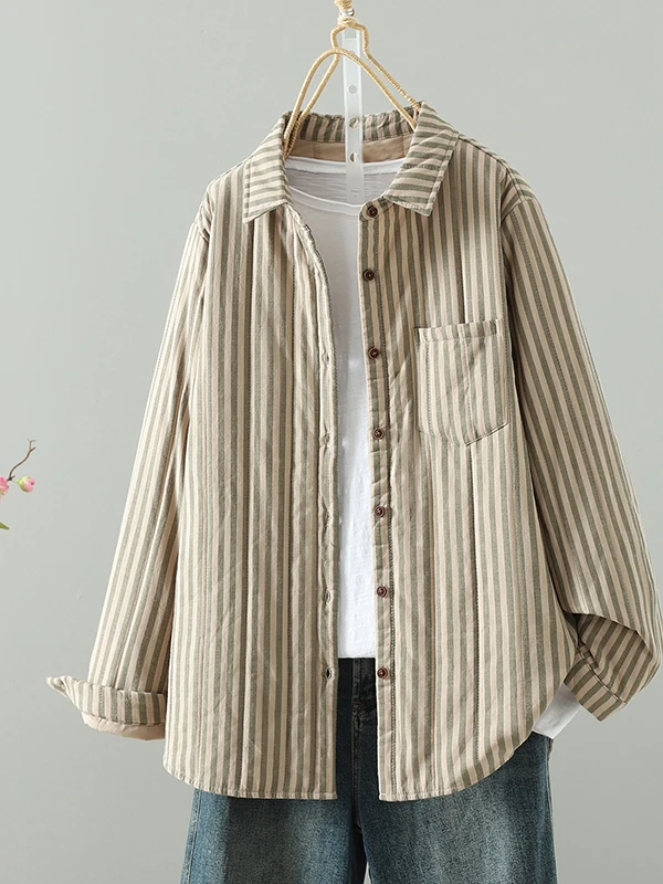 

Warm Cotton irt Thin Cotton Jaet Loose Fit Striped Pattern Commute Sle Korean Version Long Sve Regular Length