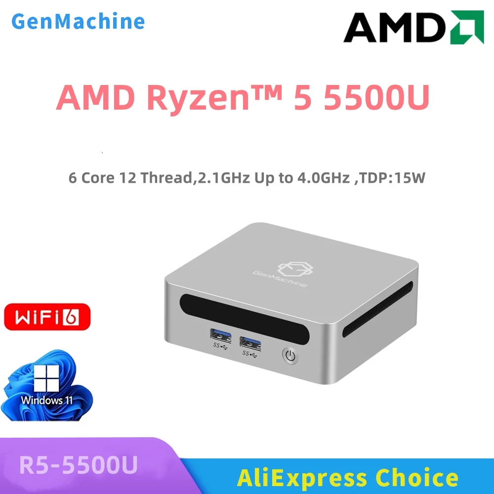 GenMachine Mini PC AMD Ryzen ™   5 5500U Windows 11 Ryzen 2,1 GHz Fino a 4,0 GHz DDR4 WiFi6 NUC Gaming Pc Computer da gioco fai da te