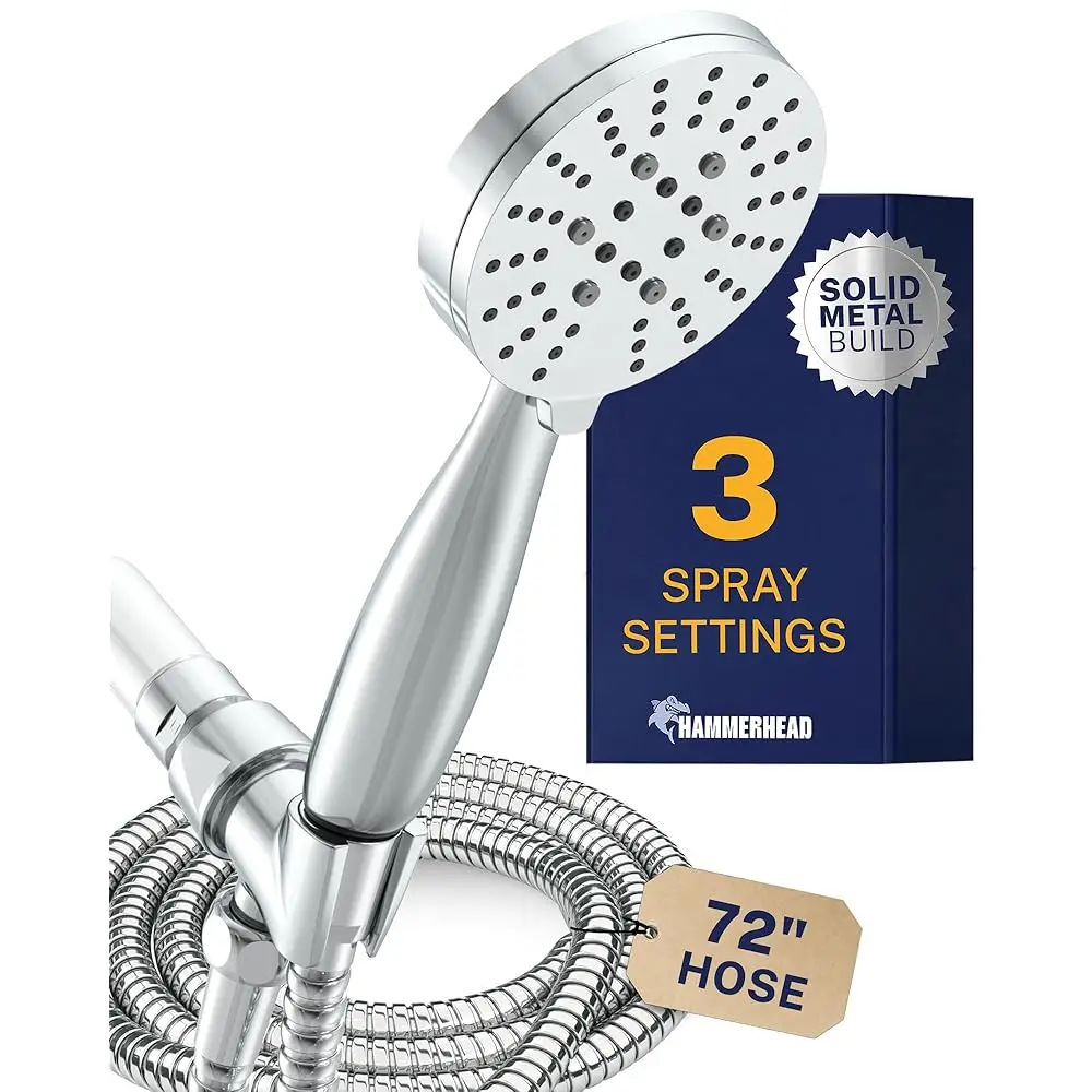 

Allexpresk® Solid Metal 3-Spray Handheld Shower Head with Long Hose and Holder - CHROME - 2.5 GPM High Pressure Shower Head with