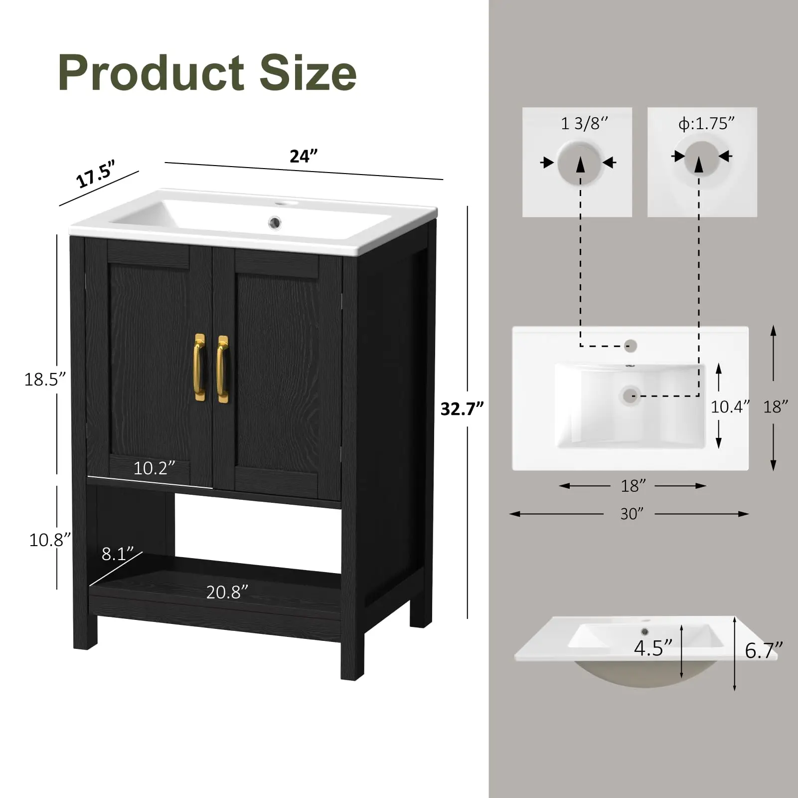24 Inch Bathroom Vanity with Sink, Modern Bathroom Cabinet, Black